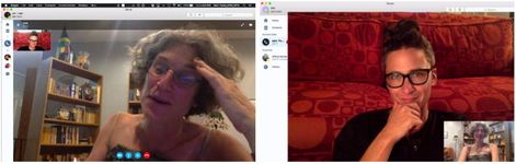 Two screenshots side by side of a Skype video call between Sam Feder and Alex Juhasz using webcameras. Sam Feder, a white person with dark coiffed hair and glasses, sits on the floor in front of a red patterned couch.