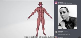 Screenshot of a computer display that has a digital rendering of a nude trans body in the centre of a white page. On the right-hand side, a Discord chat history is displayed that has a conversation history about a selfie taken by the film's creator, Anto Astudillo, used as reference for the head shape.