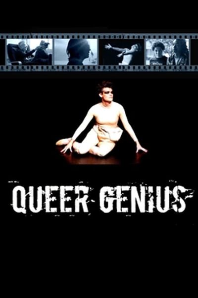 A theatrical documentary poster featuring the work of queer artists. The poster is all black with a white artist in performance on stage at the center. Above them is a film strip that collages four images of the featured black and white queer artists. Below is the film title in a white, bold grunge street style font.