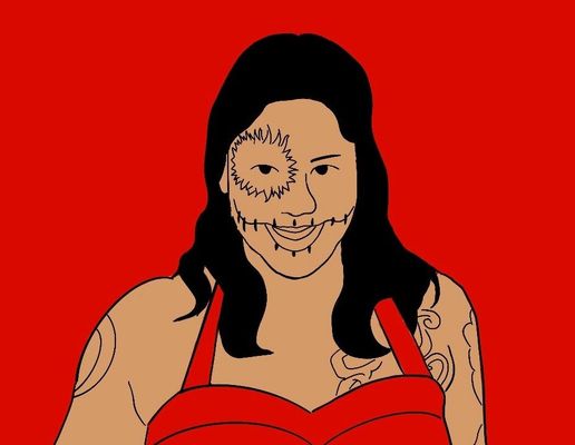 Illustration of Luna Merbruja. Luna has wavy black hair to their shoulders and tan skin. They have several tattoos, including a sun radiating from their left eye. They wear a cherry-red halter top in front of a monochrome background of the same color.
