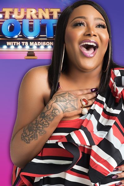 Ts Madison with a big smile and hand resting on her chest. Ts is a black person with medium skin, straight hair, and polished makeup. In the background is the TV show name done in 90s retro vibes.