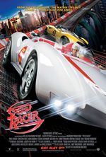 A colourful and futuristic portrayal of racing cars dramatically skidding around a corner. Most prominent in the frame is a white car with red accents, driven by Speed, a white man in a white helmet with a red M, portrayed by Emile Hirsch. Behind him is a yellow car with black accents, driven by Racer X, a white man in a black helmet, portrayed by Matthew Fox. Behind them is a futuristic city scape. In the bottom left corner of the poster is the film's title, "Speed Racer," written in red text resembling a steering wheel.
