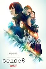 The eight central characters are arrayed in a diagonal cluster along the upper right side of the poster. Beneath them, a mirrored projection of the London cityscape slices diagonally downwards and cuts them out of the poster's bottom left corner, which features the series title, "Sense8," as well as the second season's tagline, "Survive. Together." At the top left of the cluster of people is Sun Bak, a South Korean woman with short black hair in a bright blue prison uniform, portrayed by Bae Doona, who stares achingly off to the left. Below her is Will Gorski, a white man with close-cropped brown hair and facial stubble wearing a plain grey shirt, portrayed by Brian J. Smith, who stares slightly down past camera with a frown. A little further to the right is Lito Rodriguez, a Mexican man with black hair and facial stubble wearing a dark blue shirt, portrayed by Miguel Ángel Silvestre, who also stares down past camera with a frown. Above Will and Lito, to Sun's right, Wolfgang Bogdanow embaces Kala Dandekar from behind. Wolfgang is a white German man with blonde hair and a beard wearing dark clothes, portrayed by Max Riemelt. Kala is an Indian woman with long black hair wearing a sheer black dress with bare shoulders, portrayed by Tina Desai. Both are smiling. Beneath them, to the right of Lito is Capheus Onyango, a bald black Kenyan man with a light blue shirt portrayed by Toby Onwumere, who looks off to the left mid-speech. To the right of and slightly above Capheus is Nomi Marks, a white trans woman with long brown hair wearing a peach dress, portrayed by Jamie Clayton, who stands in profile and looks off to the right. Finally, at the bottom right of the cluster is Riley Blue, a white Icelandic woman with bleached-blonde hair featuring a prominent streak of blue paint, wearing a dark red hand-knit sweater, portrayed by Tuppence Middleton, who stares off slightly to the right.