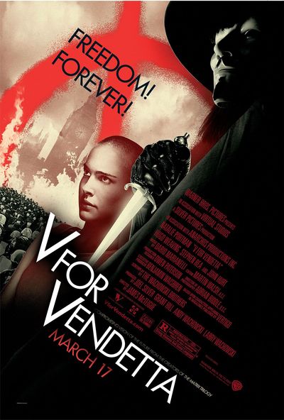 The poster is drawn in a grainy sepiatone which evokes old political advertisements. At the center of the poster, the film's protagonist, Evey (a white woman with a shaved head, portrayed by Natalie Portman), glares with determination off to the left side of the poster. To her left, a mob of people clashes with riot police as the British parliament burns in the background. To her right, the character V (a man in a black cloak, a wide-brim black hat, black latex gloves, and a white Guy Fawkes mask over his face, portrayed by Hugo Weaving), looms menacingly with a knife pointed down towards the title of the movie, which slants diagonally down the bottom of the poster. In the top left corner of the poster, the tagline of the film "Freedom! Forever!" is imposed in diagonally slanted text over a red graffiti circle with the letter "V" in the middle of it.