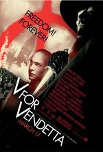 The poster is drawn in a grainy sepiatone which evokes old political advertisements. At the center of the poster, the film's protagonist, Evey (a white woman with a shaved head, portrayed by Natalie Portman), glares with determination off to the left side of the poster. To her left, a mob of people clashes with riot police as the British parliament burns in the background. To her right, the character V (a man in a black cloak, a wide-brim black hat, black latex gloves, and a white Guy Fawkes mask over his face, portrayed by Hugo Weaving), looms menacingly with a knife pointed down towards the title of the movie, which slants diagonally down the bottom of the poster. In the top left corner of the poster, the tagline of the film "Freedom! Forever!" is imposed in diagonally slanted text over a red graffiti circle with the letter "V" in the middle of it.