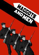 This experimental historical film is presented through a bold graphic poster that uses only black, white, red and shades of grey with minimal simplistic shapes. The background is a solid red colour with arrow shapes in opposite directions, one in black and one in white. On these arrows reads the film's title in contrasing black and white. The picture of a man in historical army attire including a beret and button coat is repeated three times in a diagonal fashion across the poster.