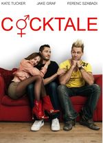 In this comedy film poster, two men who are flatmates sit on a red couch together looking at each other tensely. One of the flatmates reaches for the other's arm for reassurance while he is himself pulled away by a clinging girlfriend.