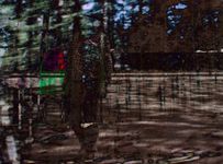 A digitally distorted image showing multiple stills colliding together. In the background, there's a dense forest with glimpses of clear blue skies peeking through heavy branches. A walking figure, wearing brown plaid work pants and gloves, is visible amidst the distortion. The figure appears partially doubled in an abstract manner, with vivid green and red colors. The bottom half of the image overlays a sepia-toned image of a lake.