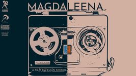 The poster is features a drawing of an old tape recorder. On the left half of the poster, the recorder is drawn in a muddy pastel pink in front of a navy blue background. On the right half of the poster, these colors are inverted, with the recorder being drawn in navy blue and the background in muddy pastel pink. Above the recorder is the film's title, "Magdaleena," drawn in muddy pastel pink on the left side of the inversion and navy blue on the right side of the inversion, just like the tape recorder. Also in muddy pastel pink are a series of award badges which appear on the right side of the poster, and the text "A film by Elian Mikkola," which adorns the bottom left corner of the tape recorder. The only break in the color scheme is a square button at the centre of the tape recorder, which is electric blue on the left side and orange on the right side.