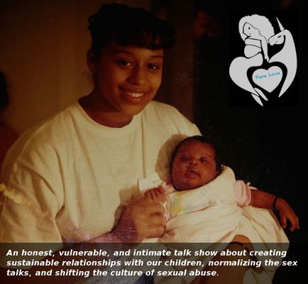 Teenager (Ignacio) cradles baby (Amanda) in their arms. Both are smiling at the camera. Ignacio (pre-transition), is a light-skinned teenage girl wearing a white t-shirt, with dark hair with bangs and a ponytail. The baby is wrapped in a white cloth. They are holding hands. The series logo is white, featuring an image of an animated mermaid and a unicorn head. Underneath them is a white heart with the words Pure Love written in blue.