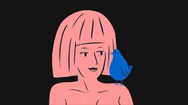 Illustration of Teagan looking at a blue bird on her shoulder. Teagan is drawn as pink and has a box bob haircut.