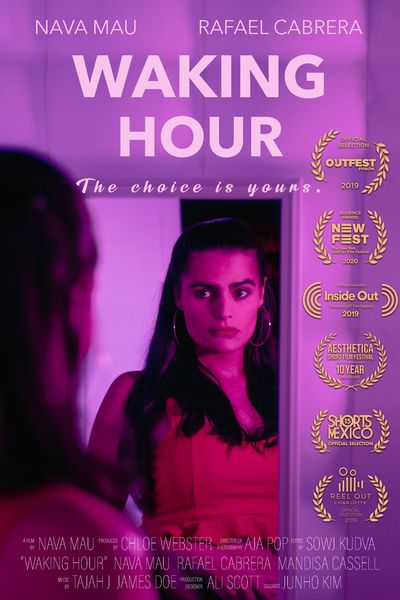 Stylish purple-lit film poster featuring Sofia (Nava Mau) staring at herself contemplatively in a mirror. Nava has long dark hair and wears an orange dress with gold hoop earrings. The side of the poster is adorned with accolades and the tagline at the top reads "the choice is yours."