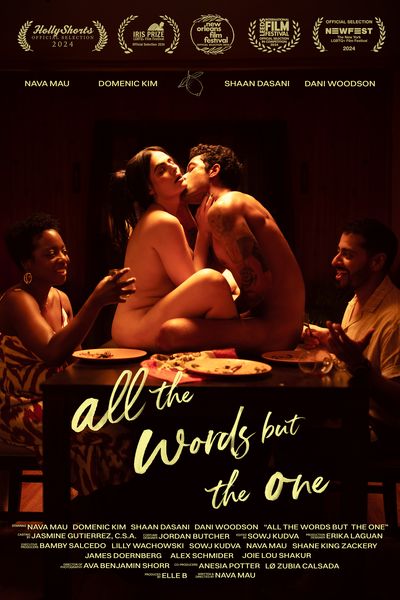 Maya (Nava Mau) and Santiago (Domenic Kim) make love naked atop a dinner table as Aisha (Dani Woodson) and Jio (Shaan Dasani) chat cheerfully on either side of them. The background is a black void and the characters are cast in theatrical yellow light. The top of the poster is lined with accolades, and the title is written in cursive at the bottom.