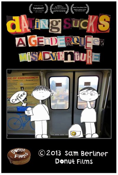 This indie film poster features an image of two paper cutout stick figure people overlaid on a real image of the inside of a subway card. Both stick figures have short dark hair, bulbous heads perched atop long thin necks, and no visible arms. The one standing on the left holds a cup of coffee and has its eyes restfully closed. The one standing on the right wears square glasses and stares contemplatively at the left one. Above the image is the film's title, each letter a separate clipping from a newspaper. Above the title is a list of festival accolades. Below the image is the production company logo (a donut) and the copyright information.