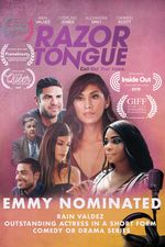 A classic "floating heads"-style poster featuring Belle (Rain Valdez), Austin (Sterling Jones), Ariel (Alexandra Grey), Roselyne (Carmen Scott), Timmy (Shaan Dasani), John (Randy Aronson), and Lucy (Sarah Parlow) in front of a lavender background. The poster is littered with accolades, the most prominent being Rain Valdez's Emmy Nomination for Outstanding Actress in a Short Form Comedy or Drama Series.