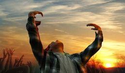 Film still of a person wearing a plaid shirt throwing their head and hands up. Behind them the sun is setting and super-imposed hands reach into the sky.