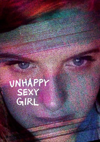 Film Poster. The image is a pixelated close up of the subject of the documentary, with the title "Unhappy Sexy Girl" on her cheek.