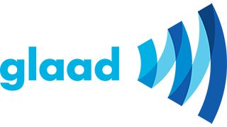 glaad appears in light blue text on a transparent background, accompanied by a blue sound symbol flaring outwards to indicate broadcasting a message that is heard.